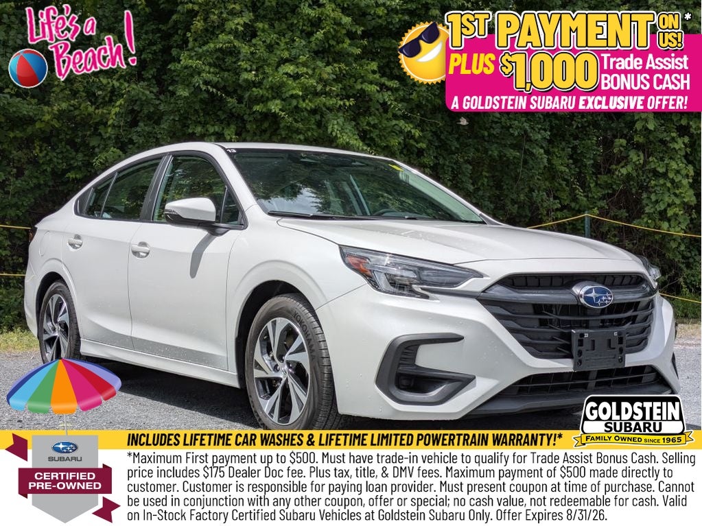 2025 Subaru Legacy Premium in Crystal White Pearl — front three-quarter view