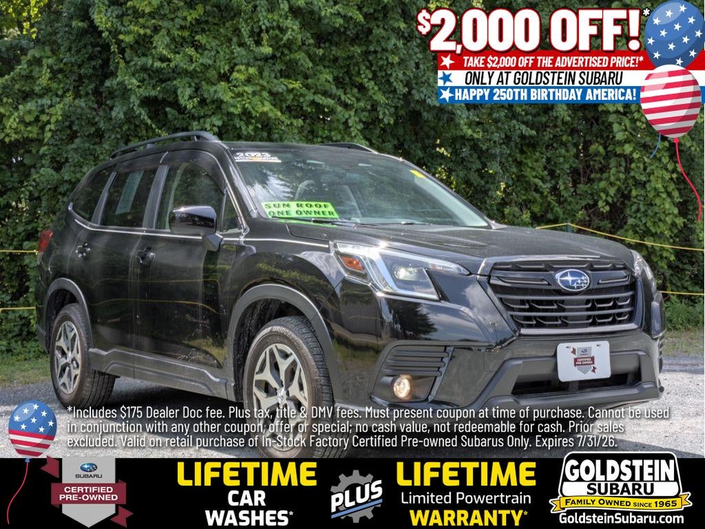 2023 Subaru Forester Premium in Crystal Black Silica — front three-quarter view