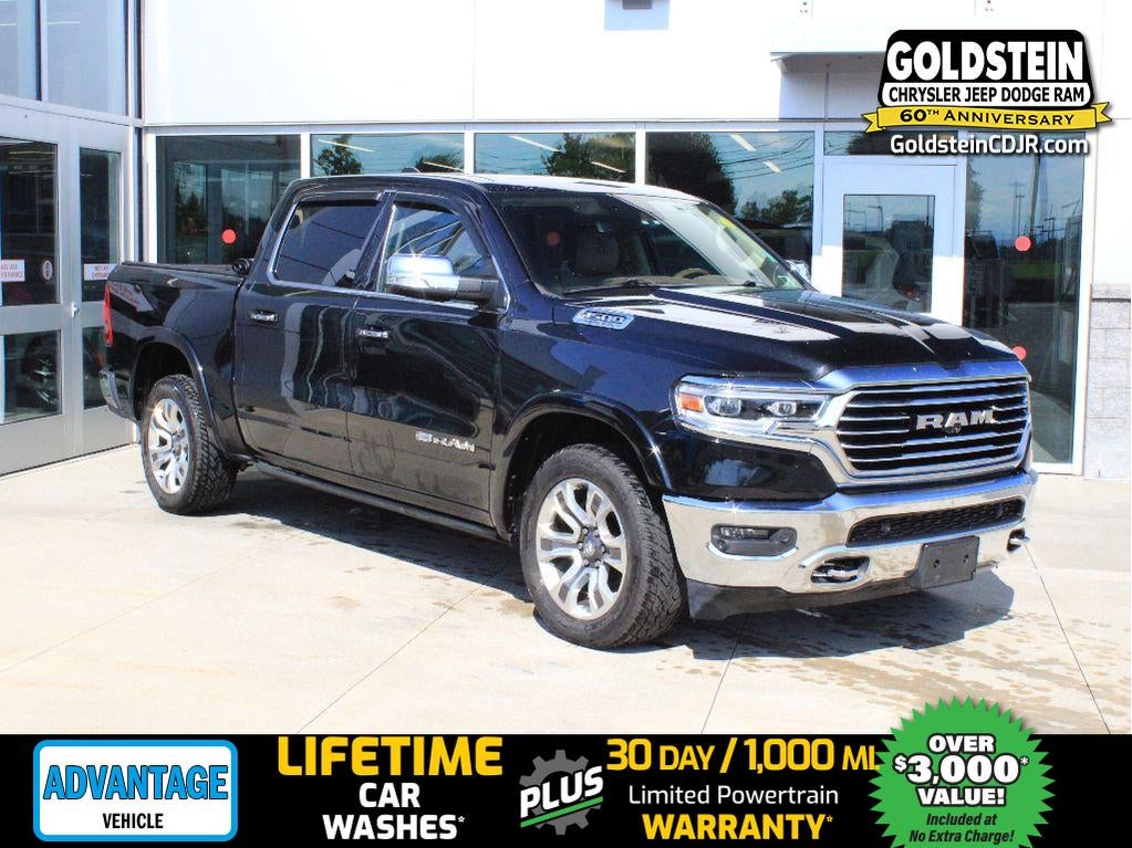 2019 RAM 1500 Longhorn in Diamond Black Crystal Pearlcoat — front three-quarter view